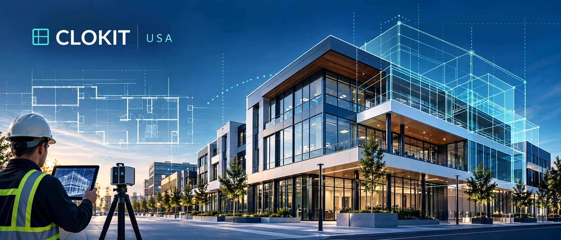 ClokIt USA architectural scanning vision illustration with digital building plans and 3D geometry
